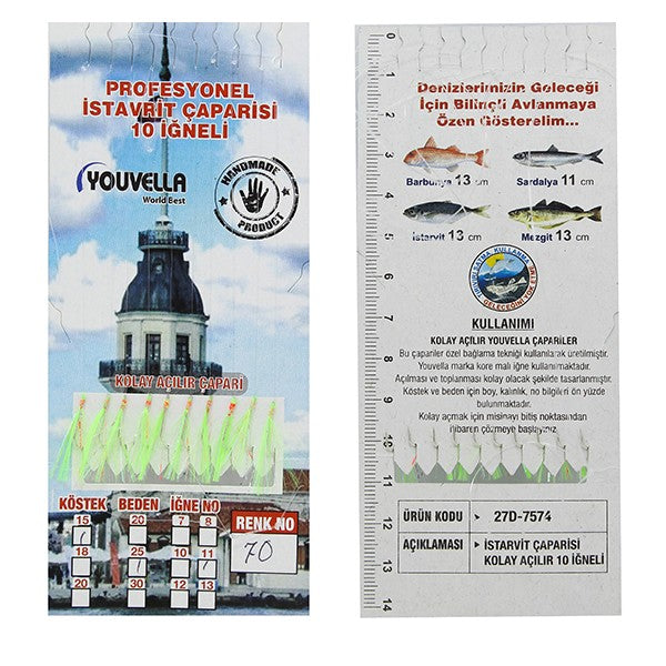 İstavrit Çaparisi UV-GLOW Simli 10 İğneli Kolay Açılan Çapari 0.25mm Beden x 0.15mm Köstek